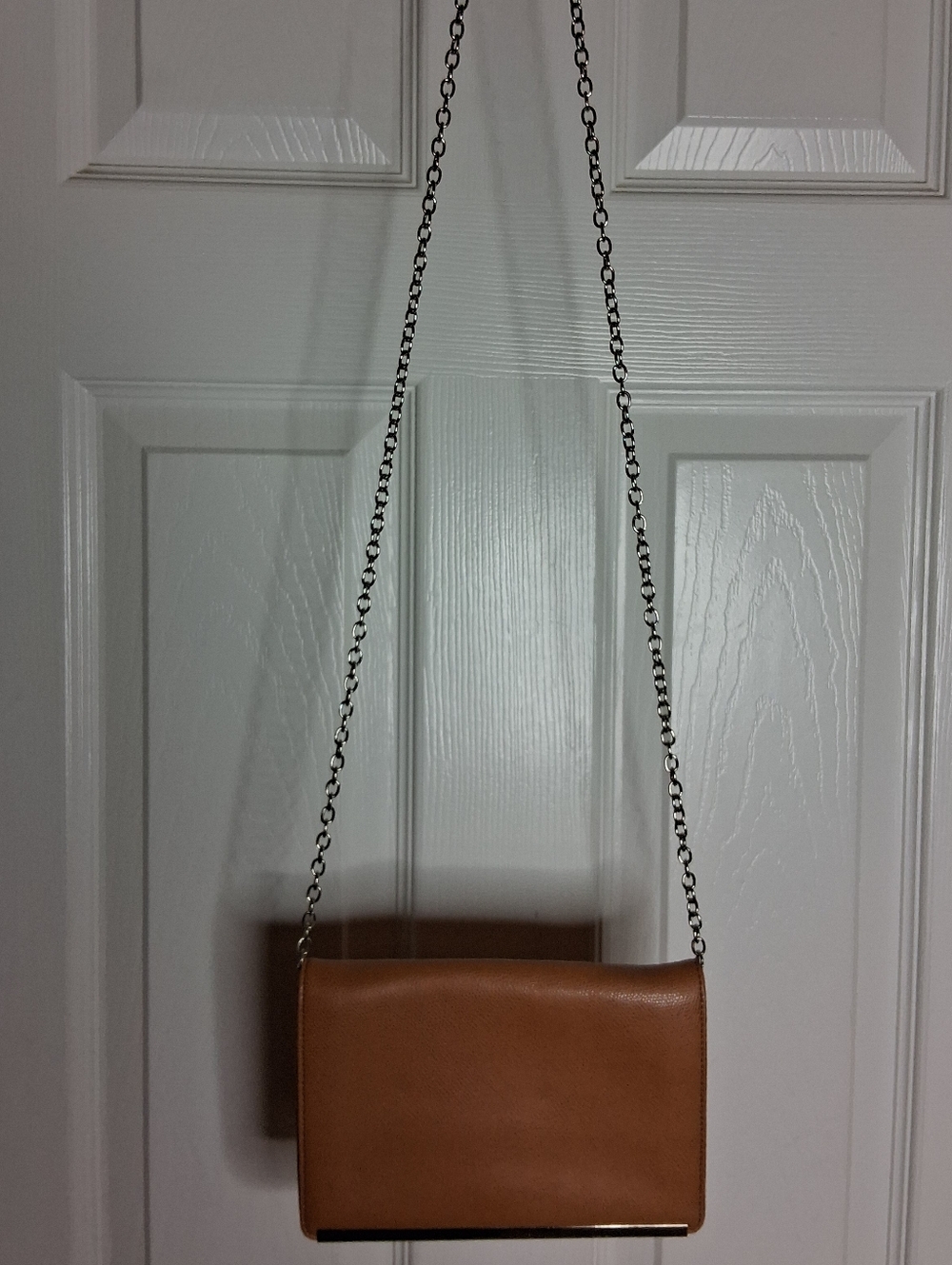 Halogen Slim Leather Crossbody Bag in Cognac Brown with Chain Strap